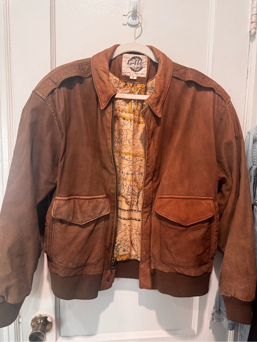 Men's G-III Brown 100% Leather Bomber Jacket with Flap Pockets